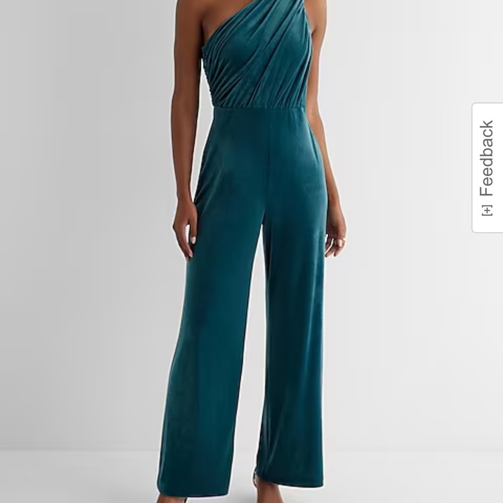 NWT!  Express emerald green velvet one shoulder wide leg jumpsuit, size XS.